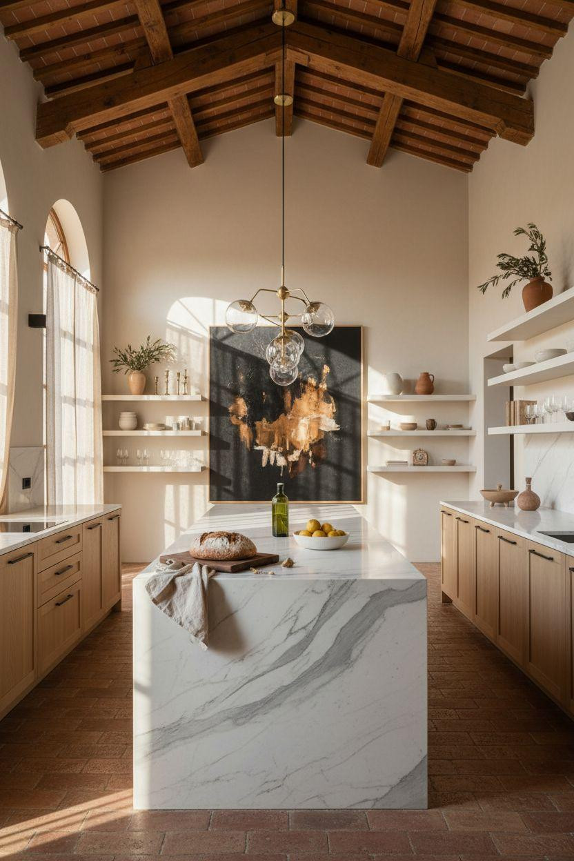 Kitchen Wall Decor Ideas - Large abstract canvas with floating shelves and mixed metal pendants