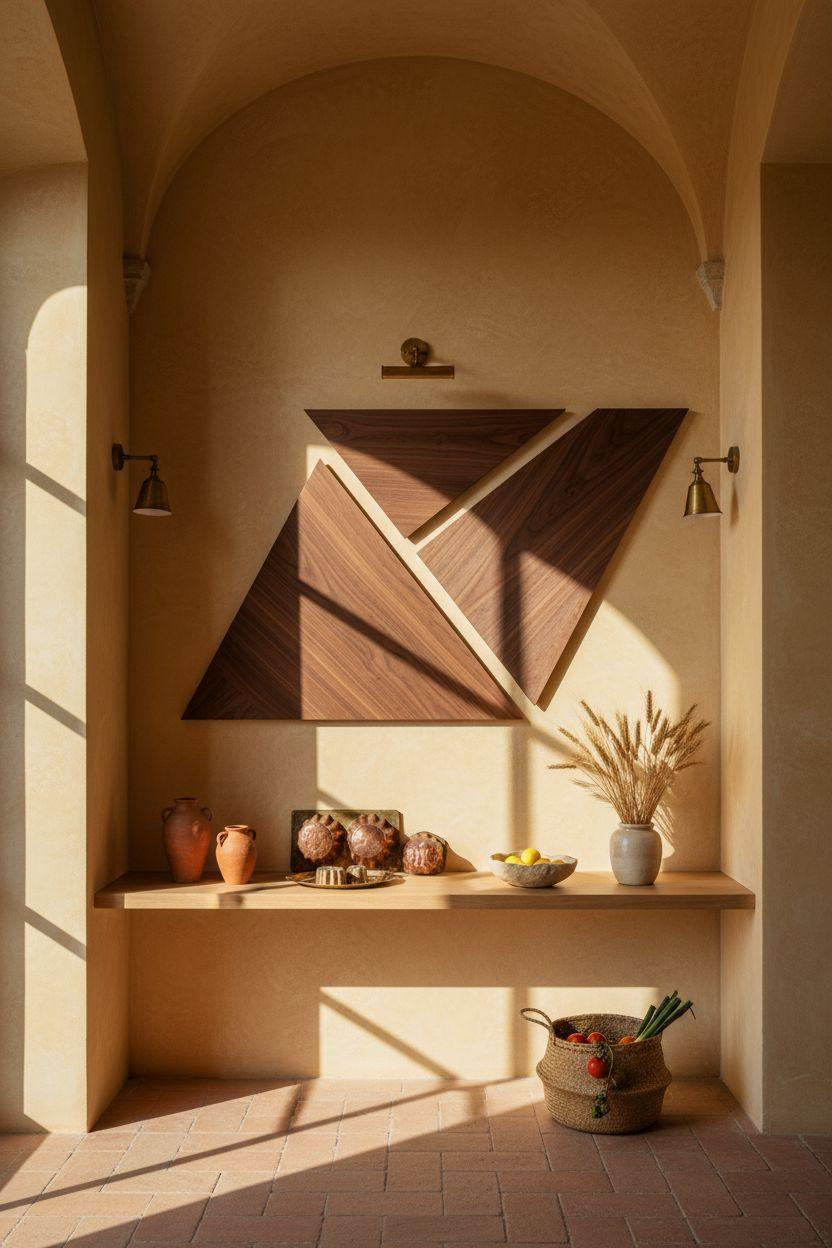 Kitchen Wall Decor Ideas - Geometric walnut wood panels arranged in asymmetric pattern