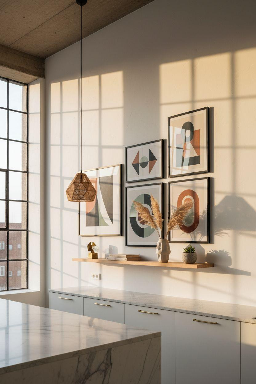 Kitchen Wall Decor Ideas - Large-scale geometric abstract prints in matte black frames