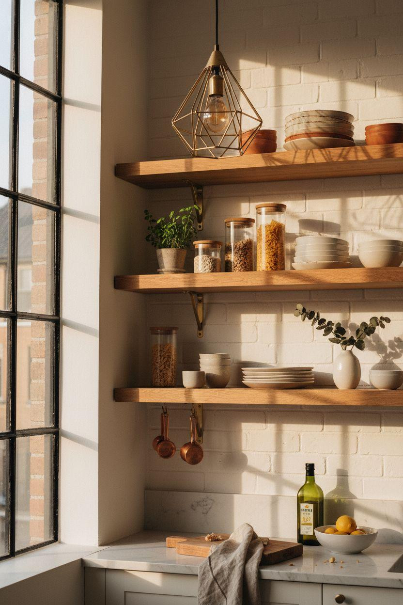 Kitchen Wall Decor Ideas - Open shelving with geometric pendant light and hand-thrown ceramics