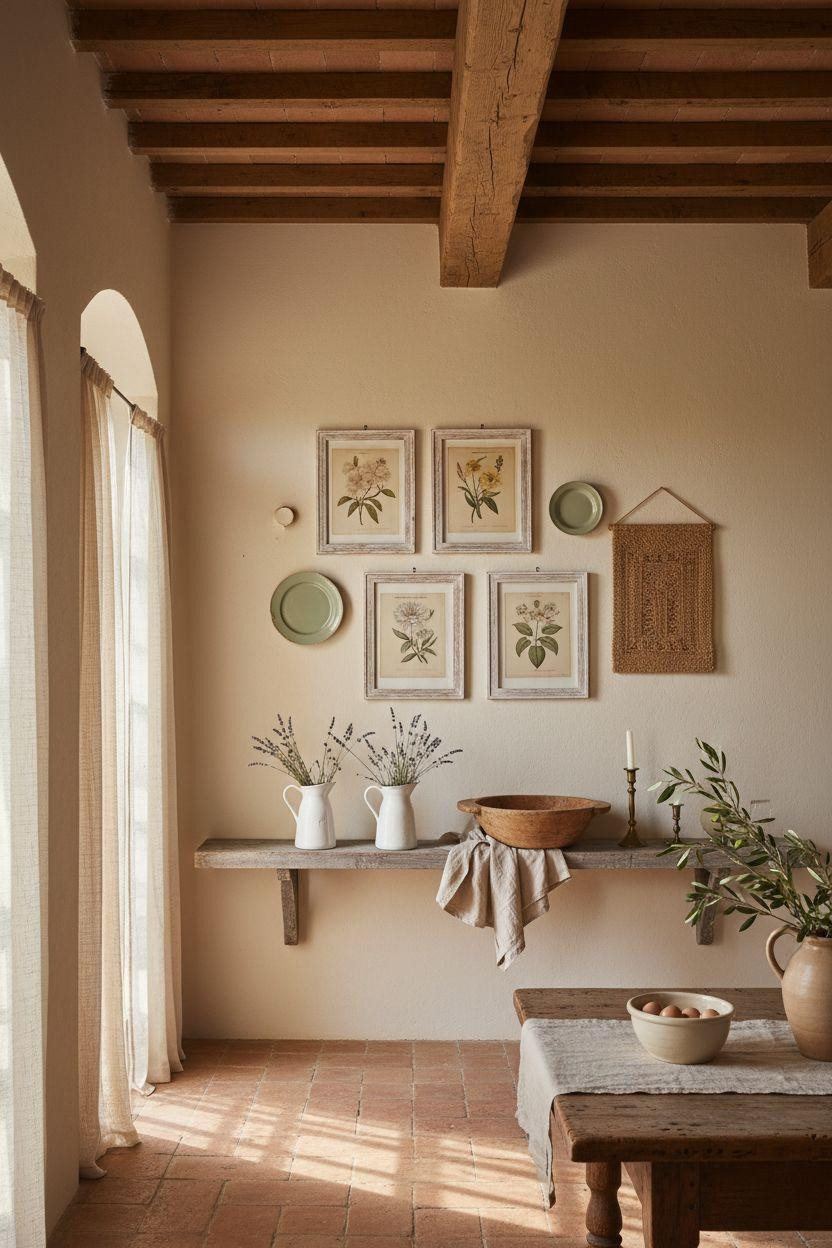 Kitchen Wall Decor Ideas - Farmhouse gallery with botanical prints and ceramic plates
