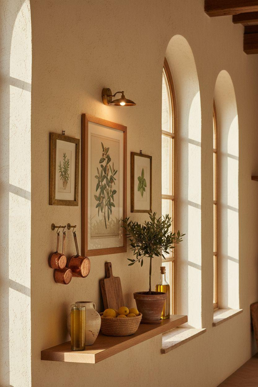 Kitchen Wall Decor Ideas - Tuscan gallery wall with botanical prints and brass picture lights