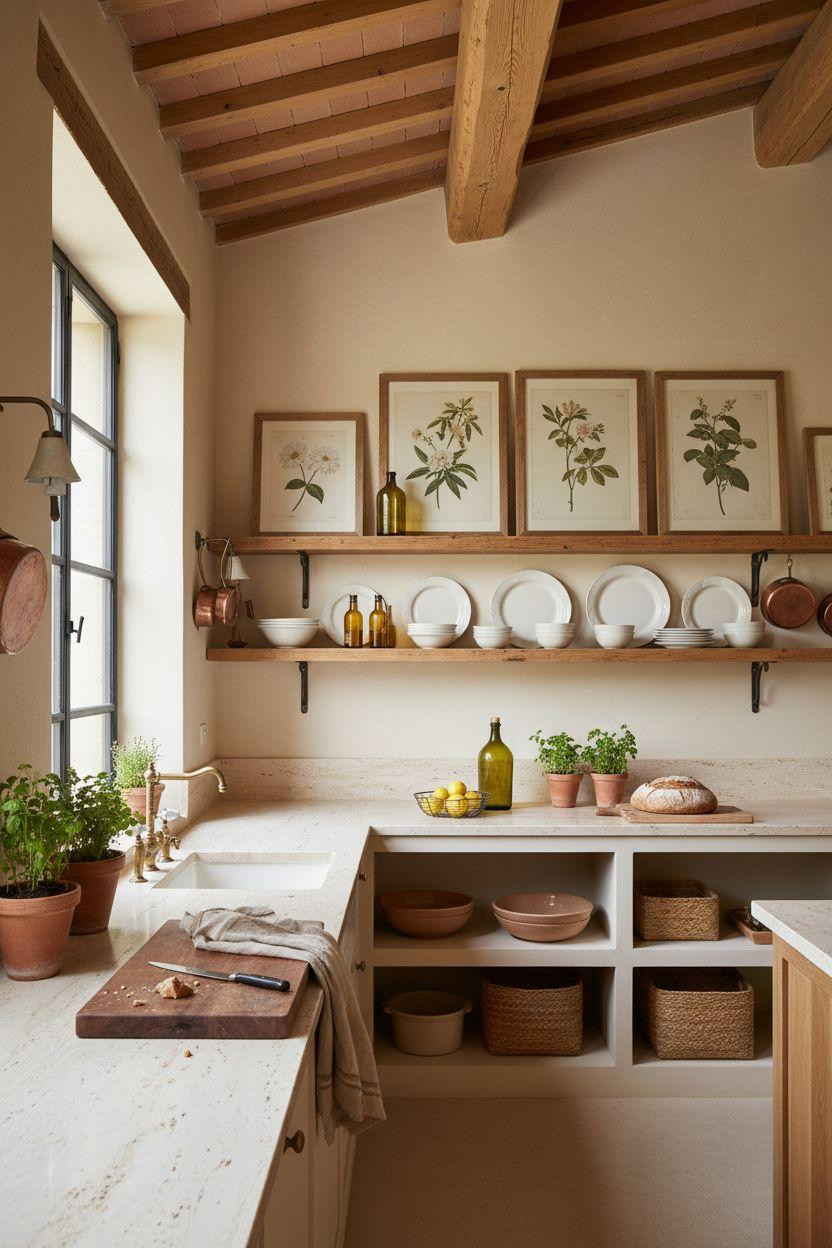 Kitchen Wall Decor Ideas - Large botanical prints with brass pot rack and ironstone plates