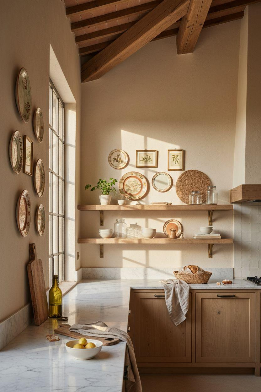 Kitchen Wall Decor Ideas - Gallery of ceramic plates with hand-painted tile backsplash