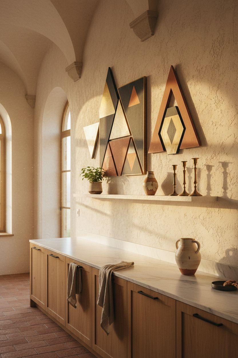 Kitchen Wall Decor Ideas - Three large geometric pieces in charcoal and terracotta with floating shelf