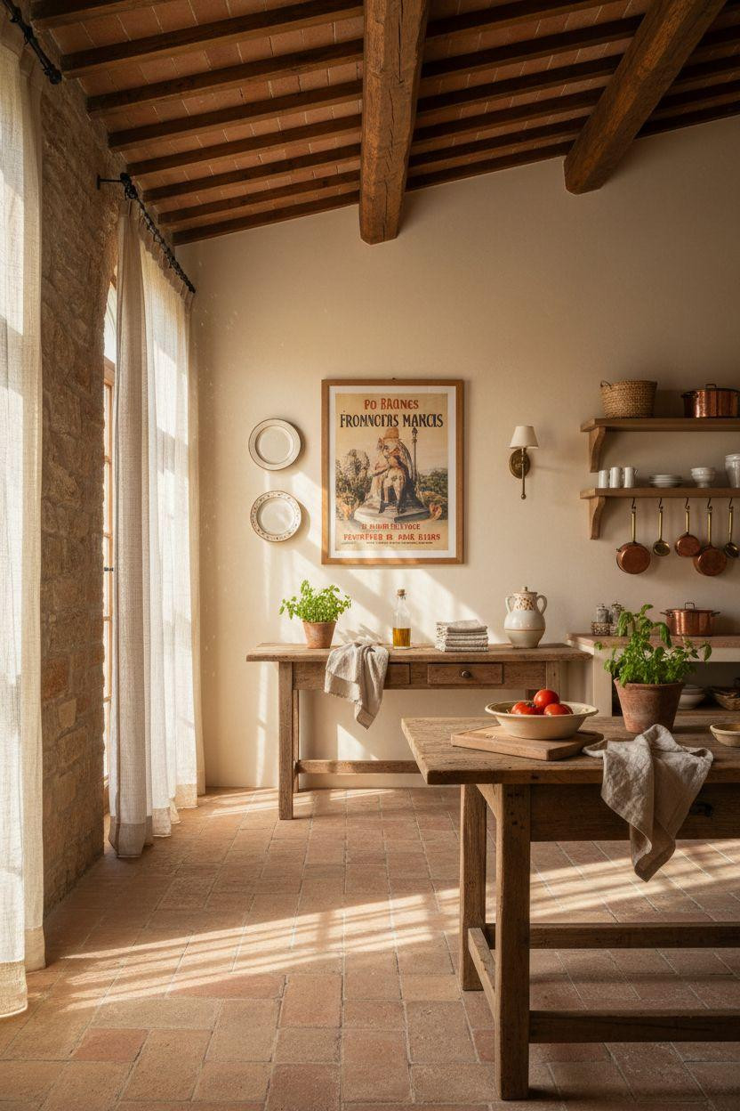 Kitchen Wall Decor Ideas - Vintage French market poster with ceramic plates and brass utensils