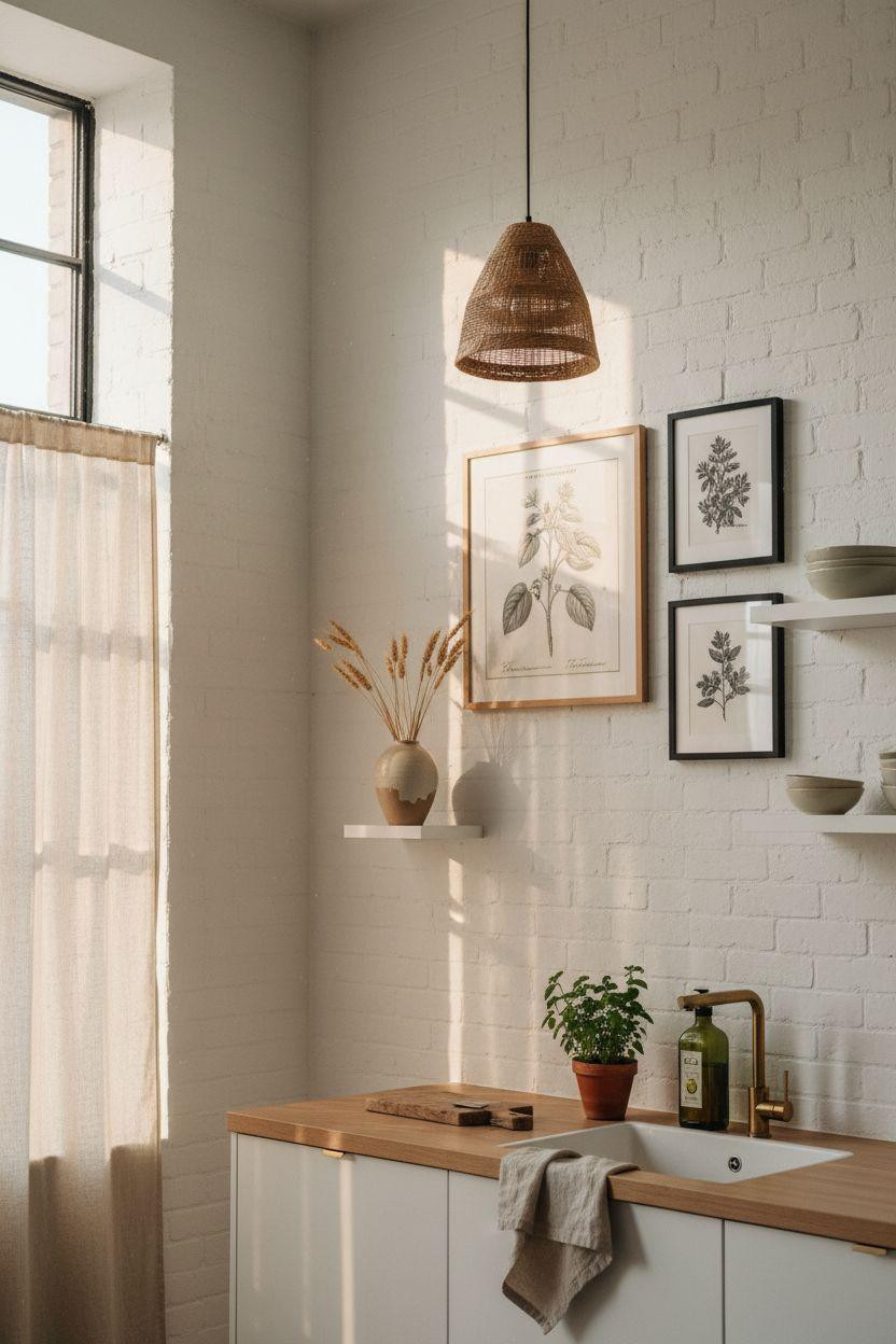 Kitchen Wall Decor Ideas - Asymmetric gallery with botanical prints and herb illustrations