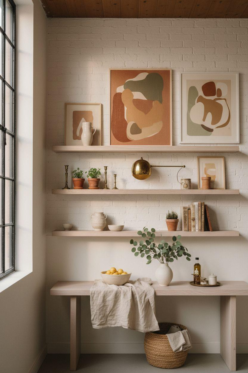Kitchen Wall Decor Ideas - White oak console with ceramic vessels and eucalyptus branches
