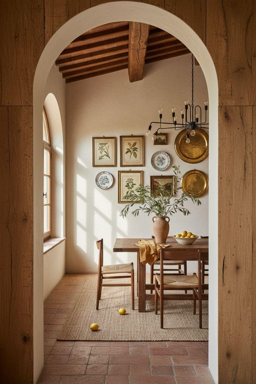 Kitchen Wall Decor Ideas - Dining room wall with vintage botanical prints and ceramic plates