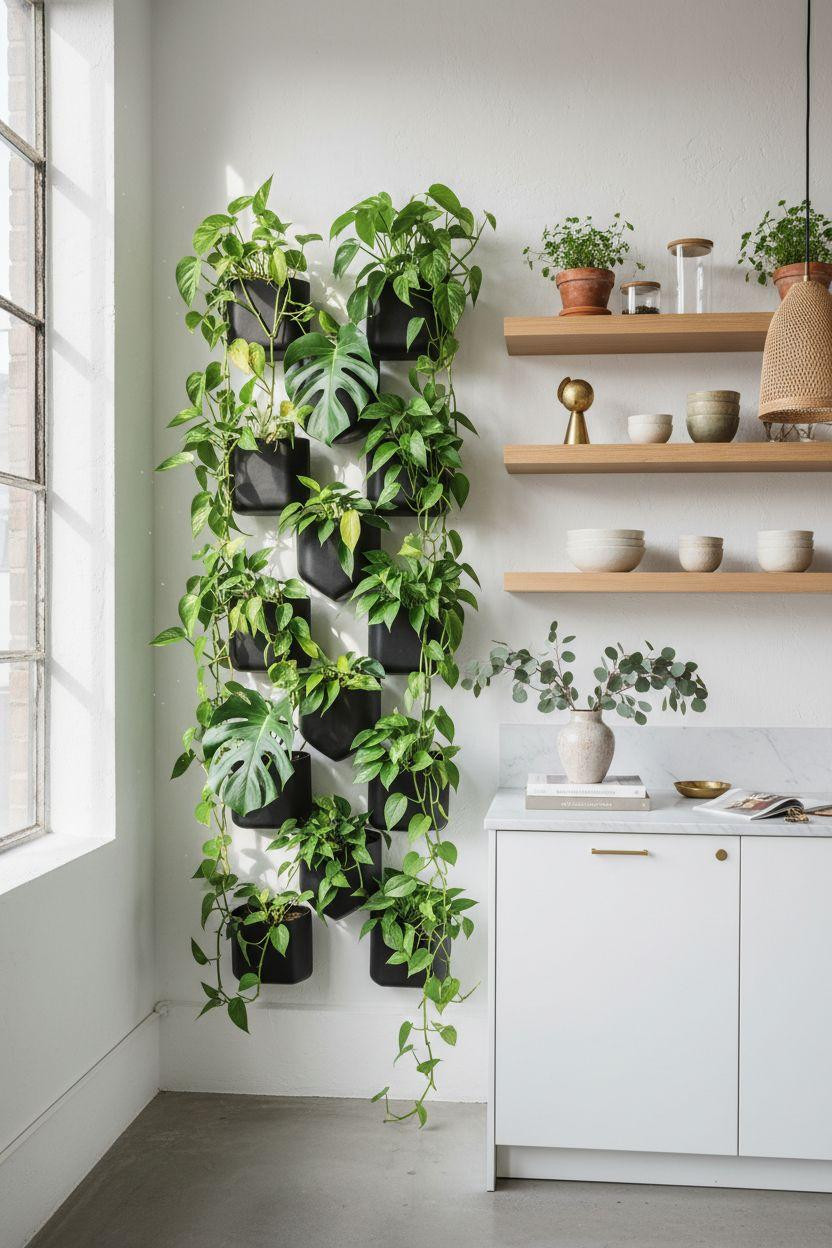 Kitchen Wall Decor Ideas - Vertical garden with cascading plants in geometric black planters