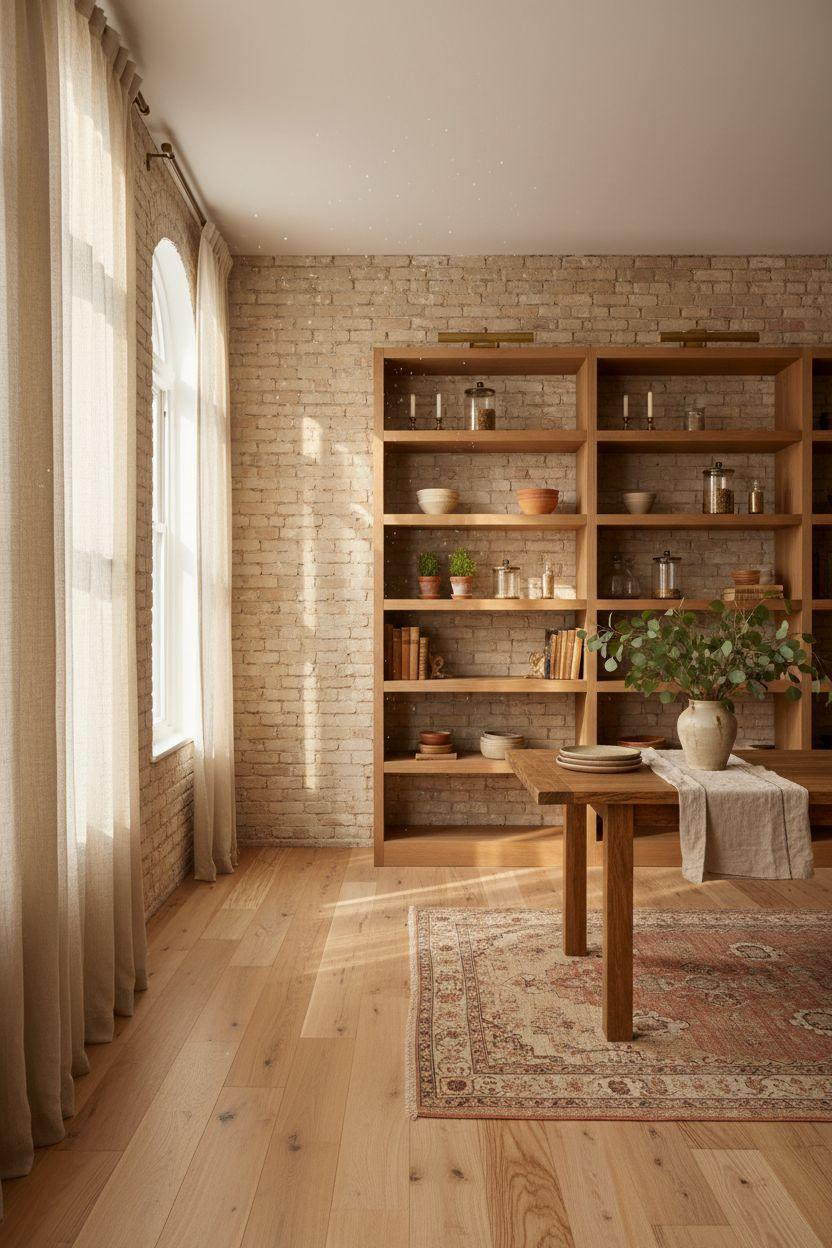 Kitchen Wall Decor Ideas - Open shelving system with hand-thrown ceramics and vintage books