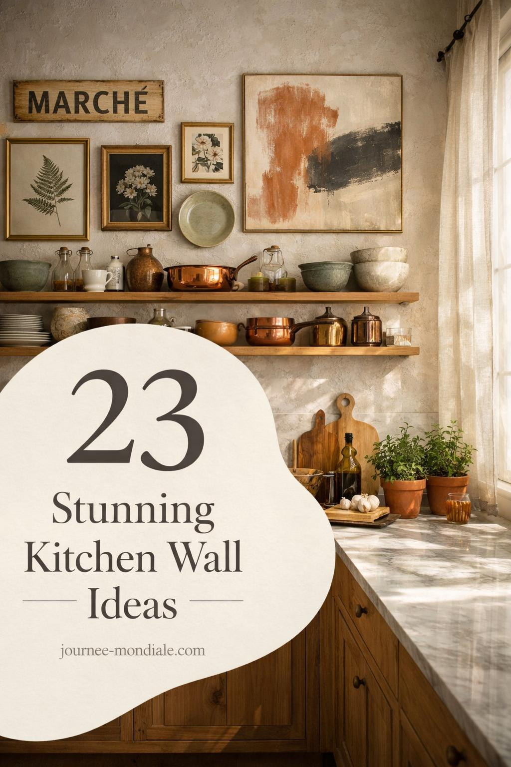 Modern farmhouse kitchen featuring gallery wall with botanical prints, ceramic plates, abstract art above white oak cabinets