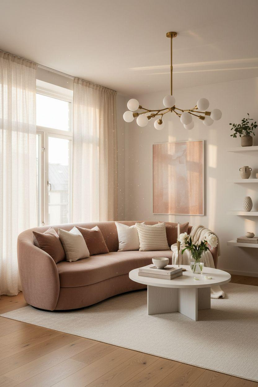 Living Room Bloxburg - blush bouclé sofa with aged brass chandelier