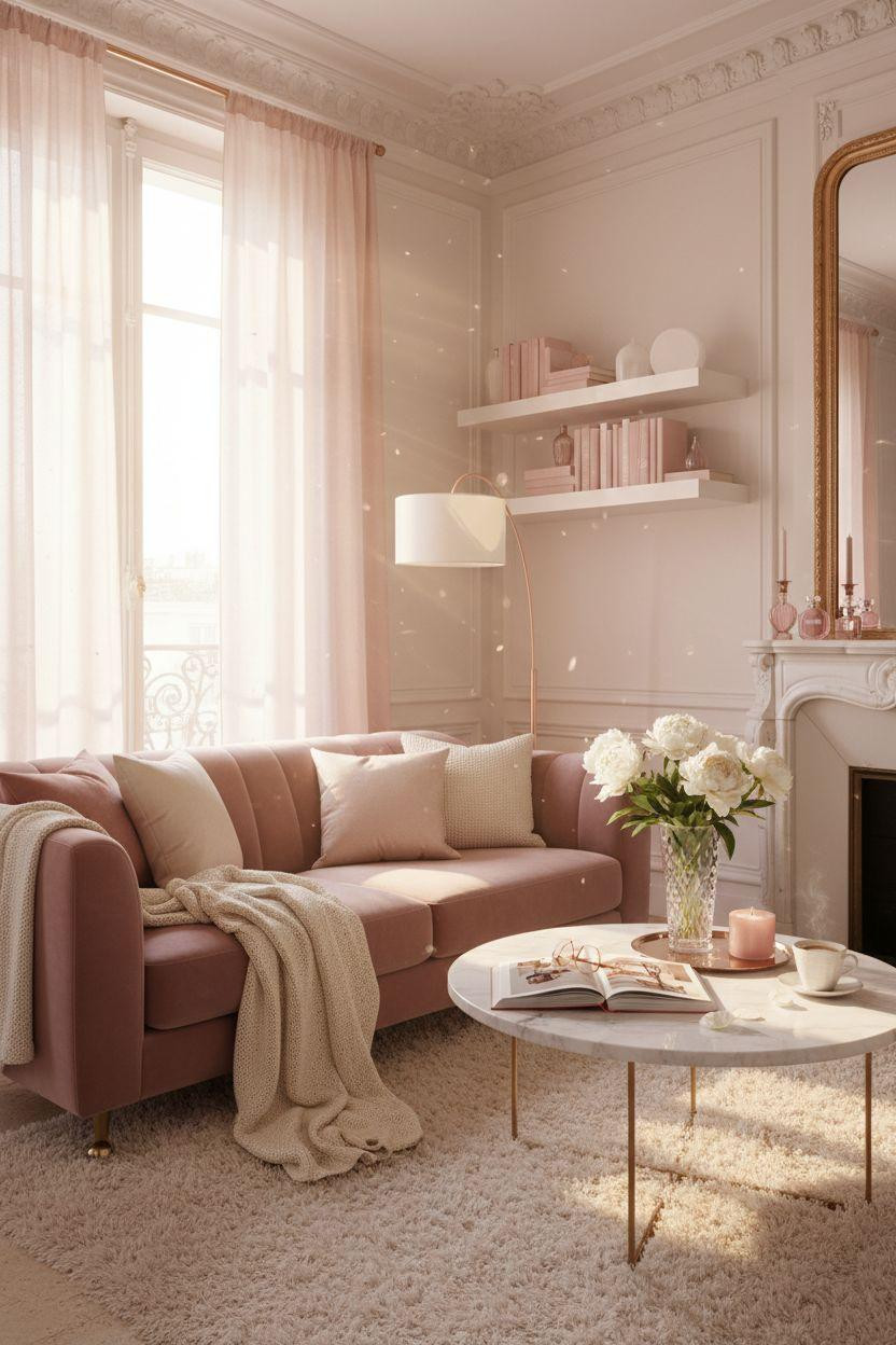 Living Room Bloxburg - blush velvet sofa with carved white fireplace