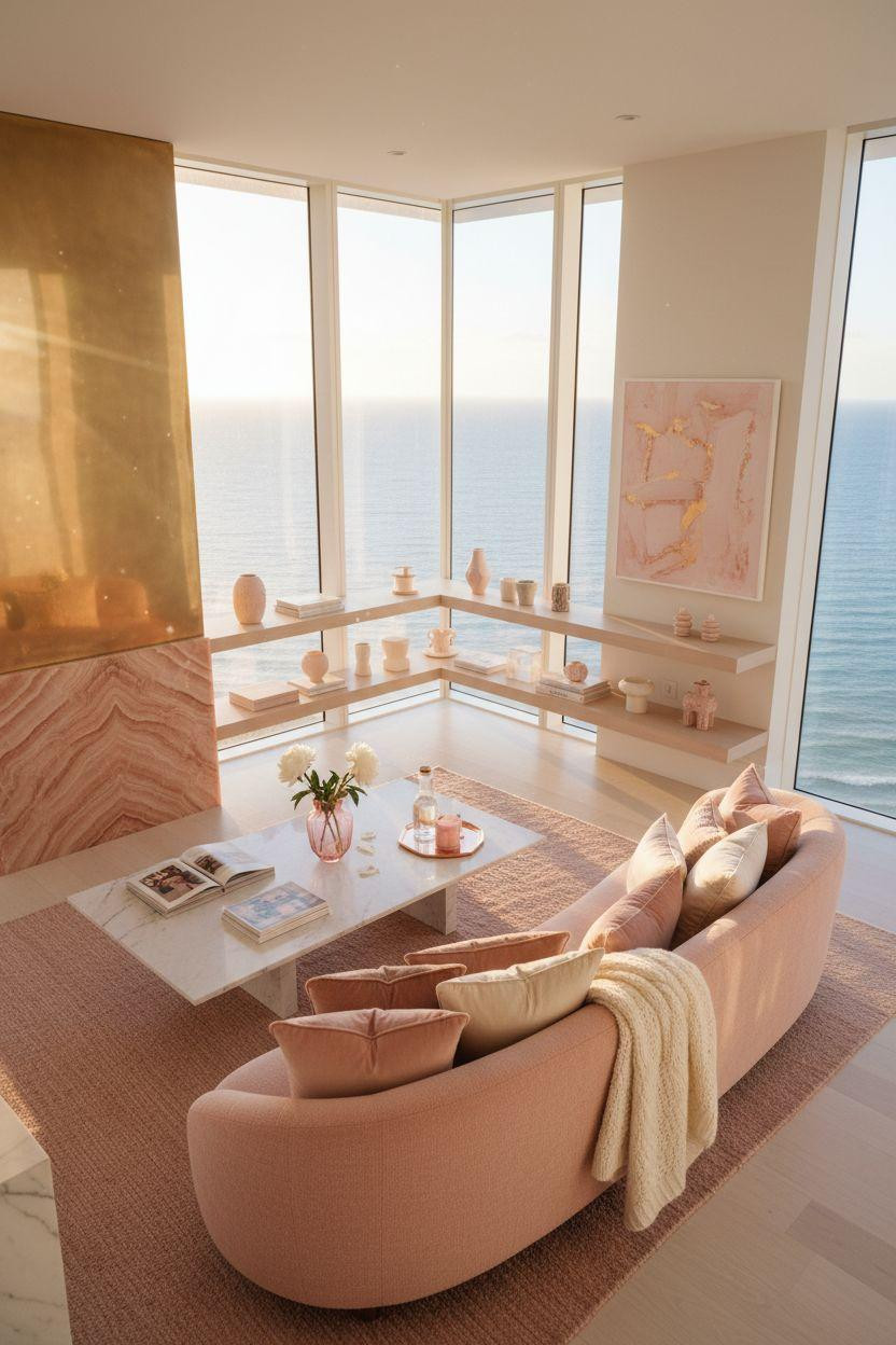 Living Room Bloxburg - blush bouclé sofa with brass and onyx fireplace