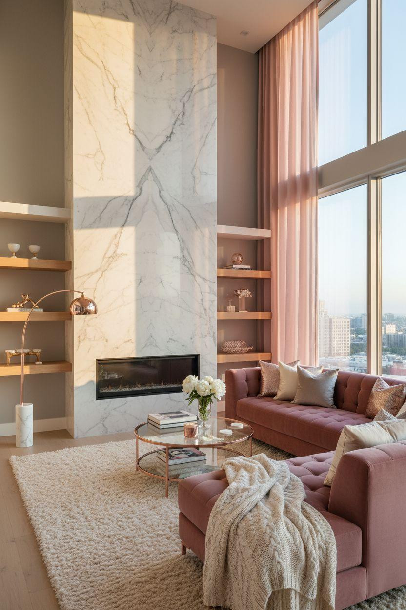 Living Room Bloxburg - blush sectional with Carrara marble fireplace