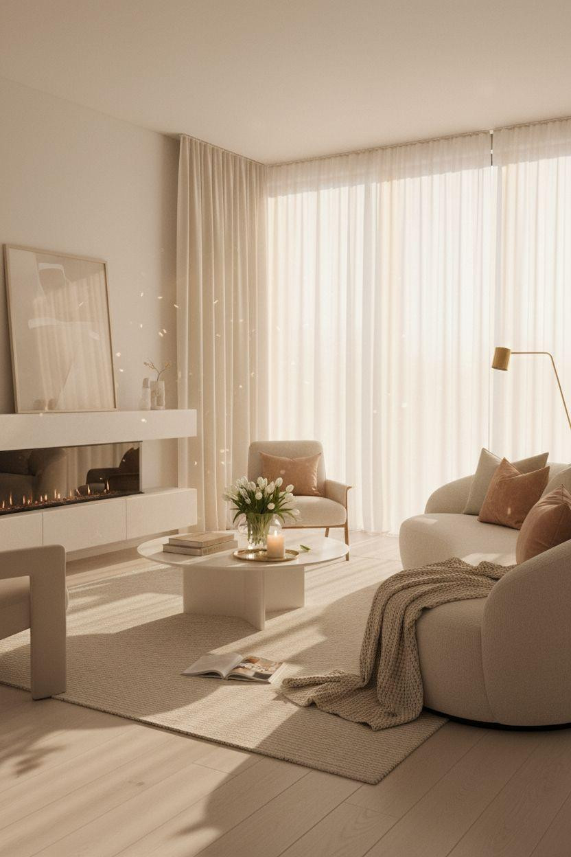 Living Room Bloxburg - ivory bouclé curved sofa with white oak console