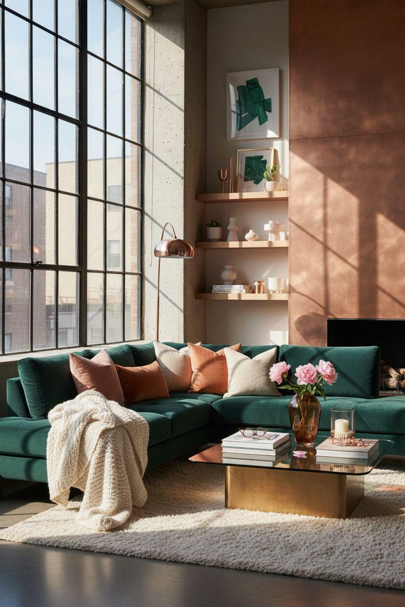 Living Room Bloxburg - emerald sofa with rose gold coffee table
