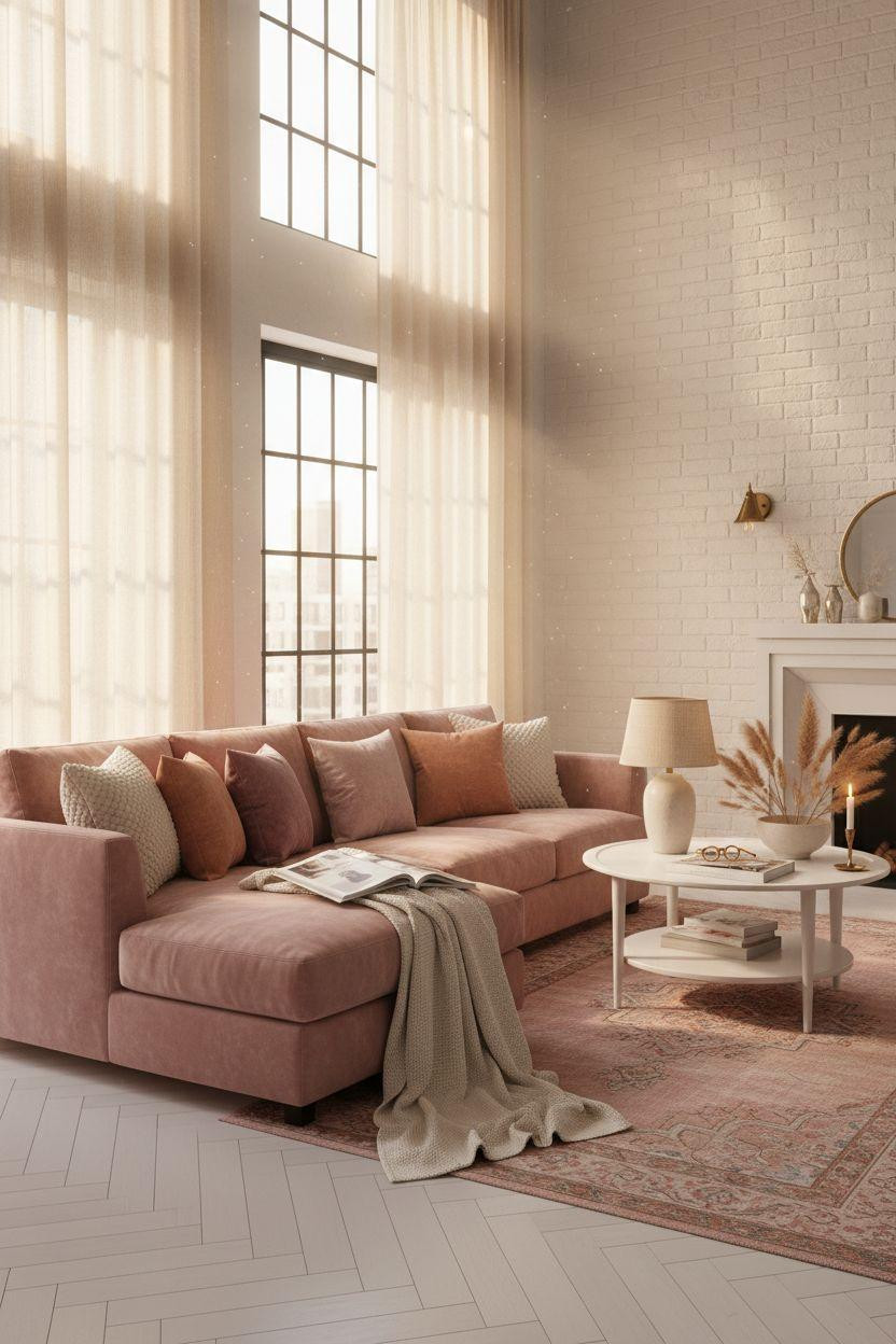 Living Room Bloxburg - blush velvet sectional with cream throw