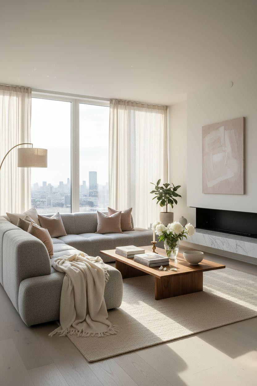 Living Room Bloxburg - gray bouclé sectional with Carrara marble hearth