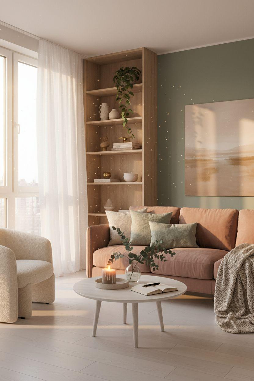 Living Room Bloxburg - cream bouclé sofa with white oak shelving