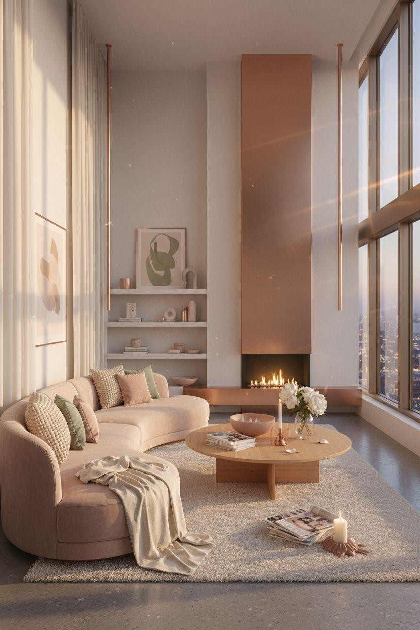 Living Room Bloxburg - blush velvet curved sofa with linear fireplace