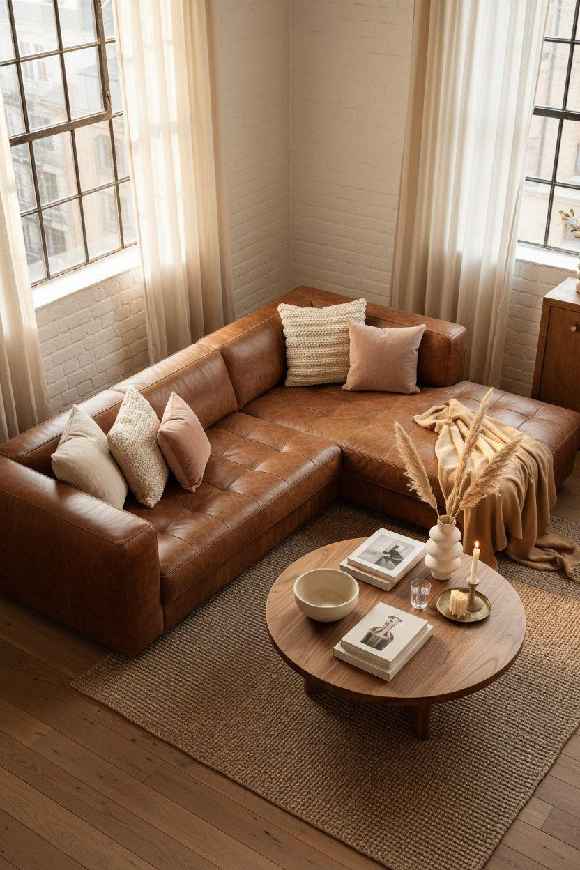 Living Room Bloxburg - cognac leather sectional with walnut coffee table