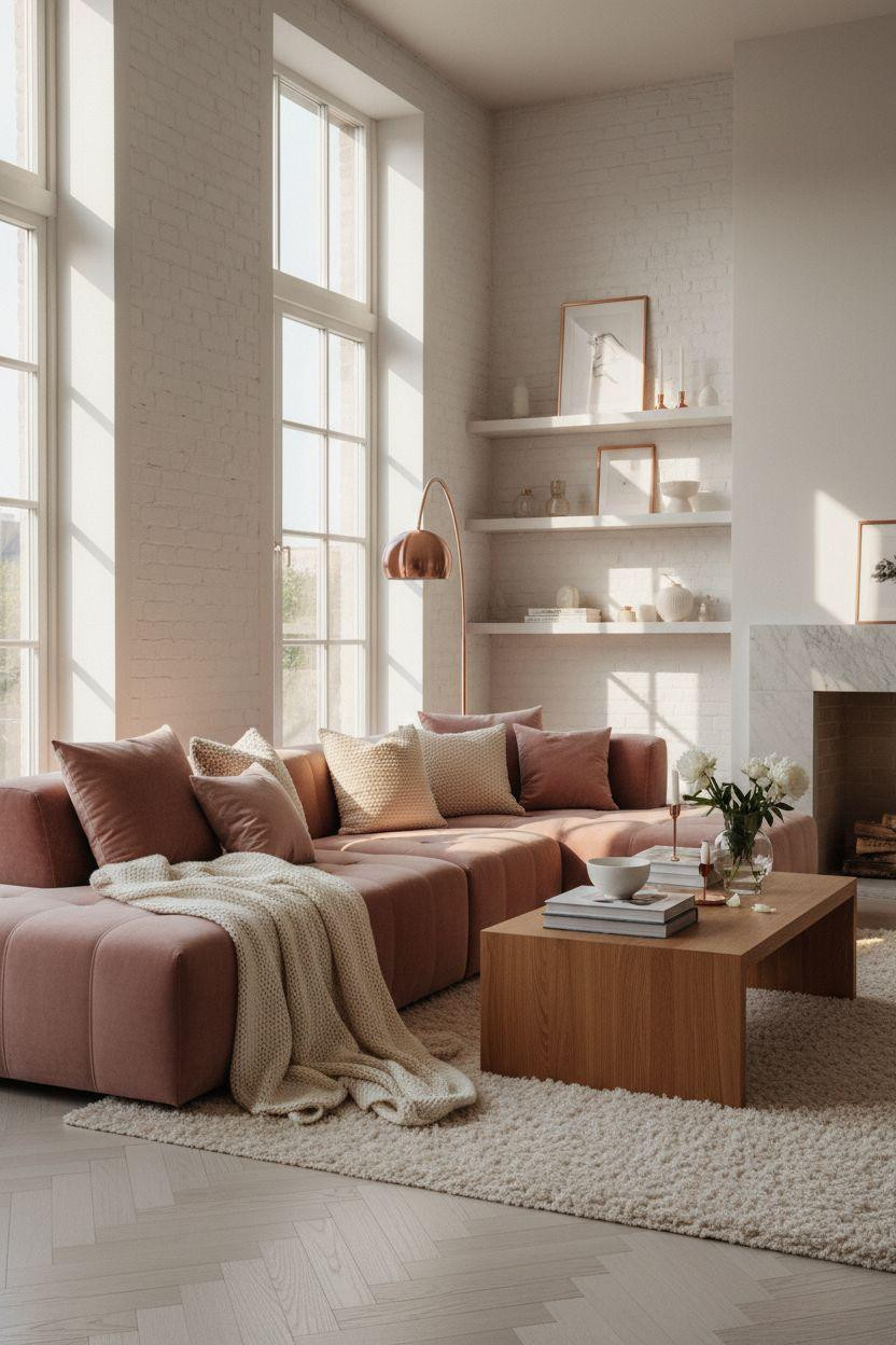 Living Room Bloxburg - blush pink sectional with white marble fireplace