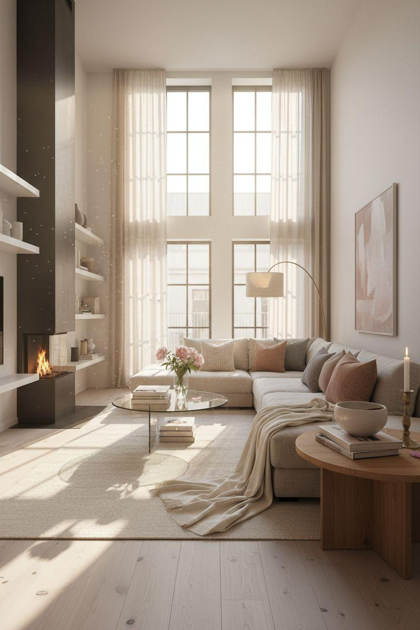 Living Room Bloxburg - natural linen sofa with white oak shelving