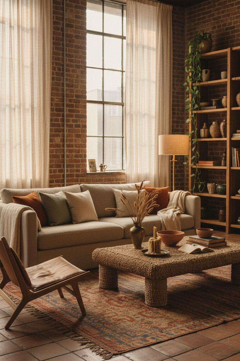 Living Room Bloxburg - oatmeal bouclé sofa with terracotta accents