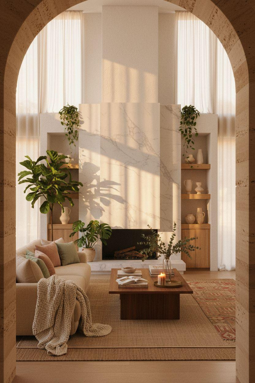 Living Room Bloxburg - Calacatta marble fireplace with fiddle leaf fig