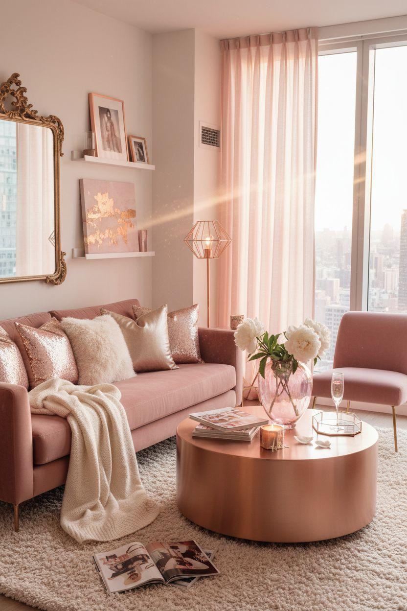 Living Room Bloxburg - blush pink sofa with rose gold accents