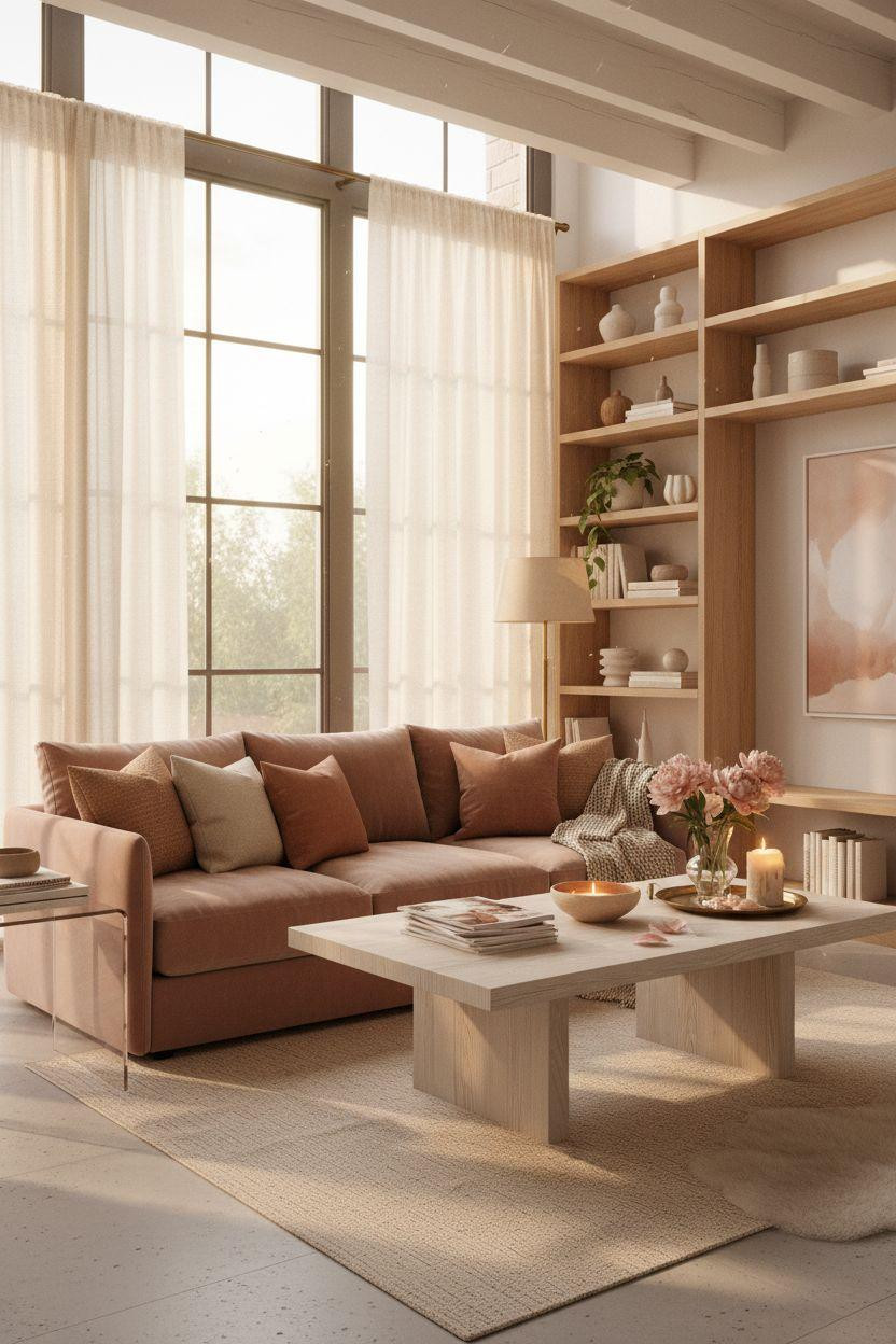 Living Room Bloxburg - blush velvet sofa with white oak built-ins