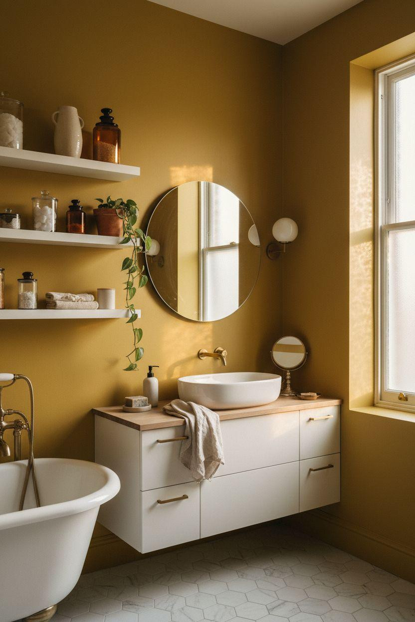 Yellow Bathroom with rich mustard tones and warm wood accents