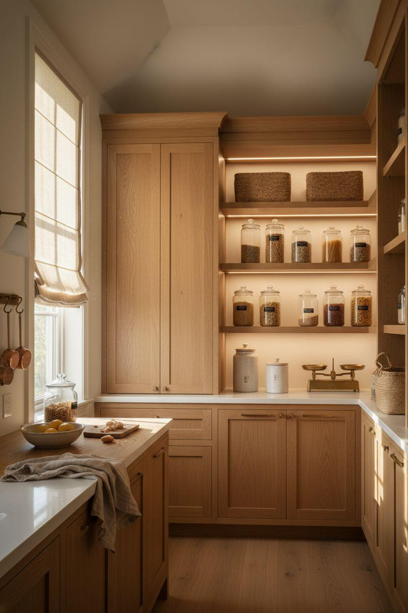 Hidden Pantry - serene Hamptons style with integrated lighting