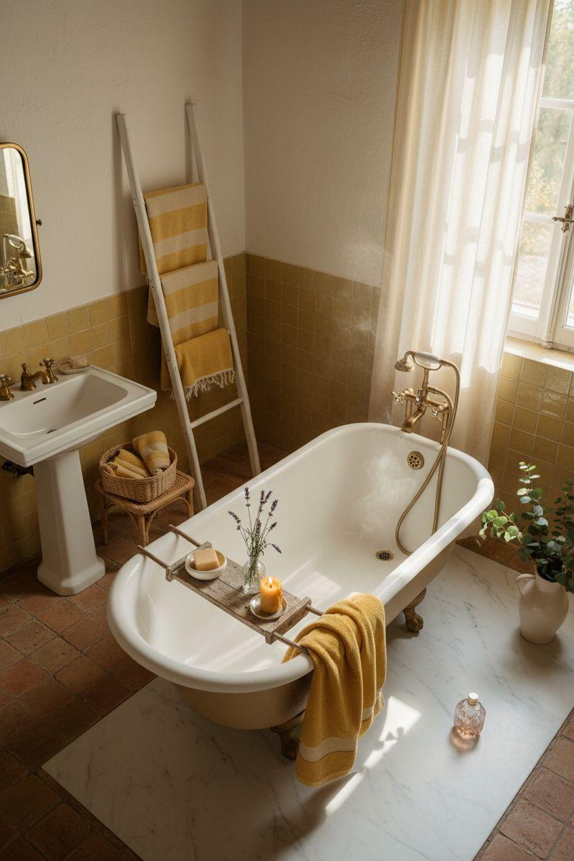 Yellow Bathroom with French country luxury and spa feel