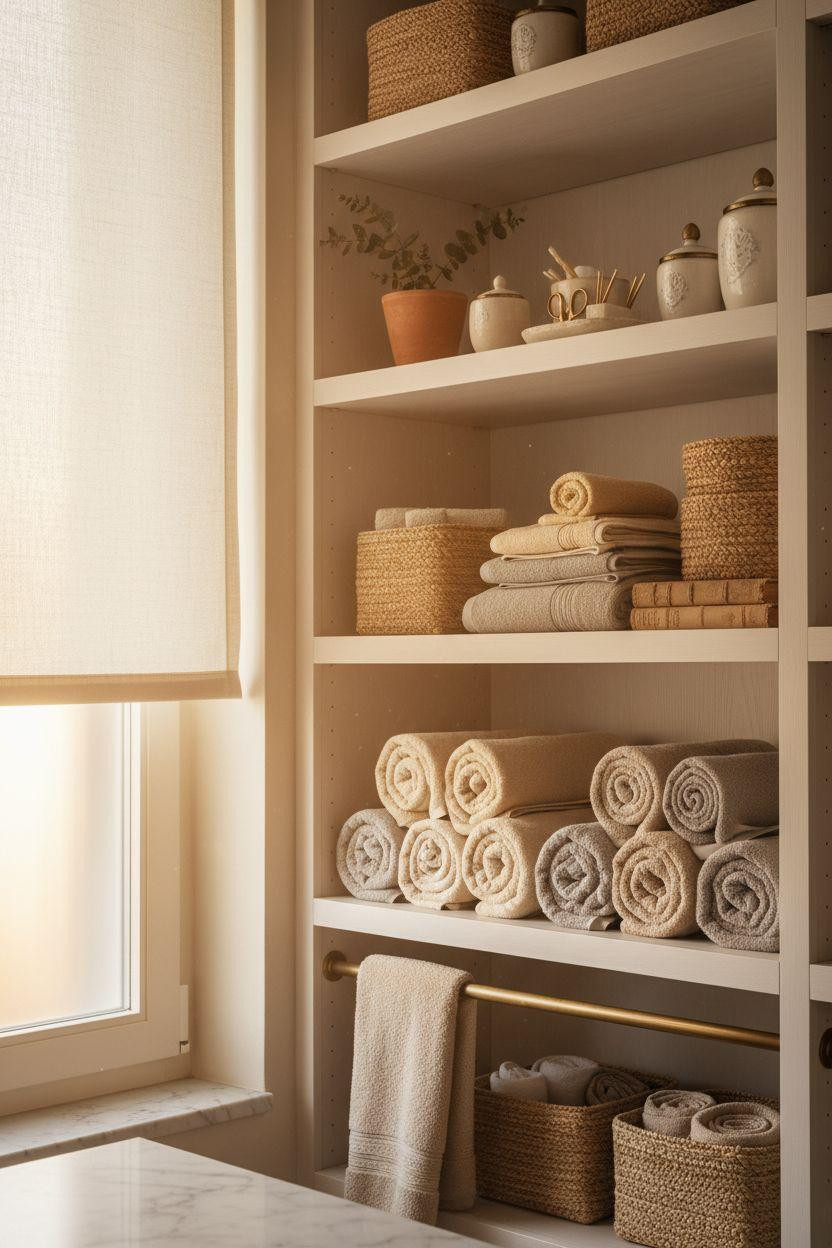 Bathroom Storage - floor to ceiling linen closet with rolled towels