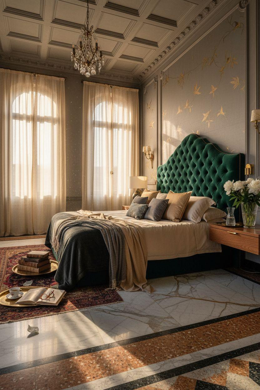 Luxury bedroom master with living moss wall and monstera plants