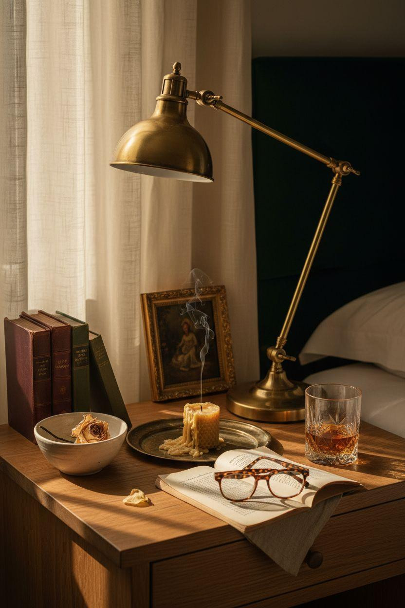 Luxury bedroom master nightstand with vintage brass lamp and leather books