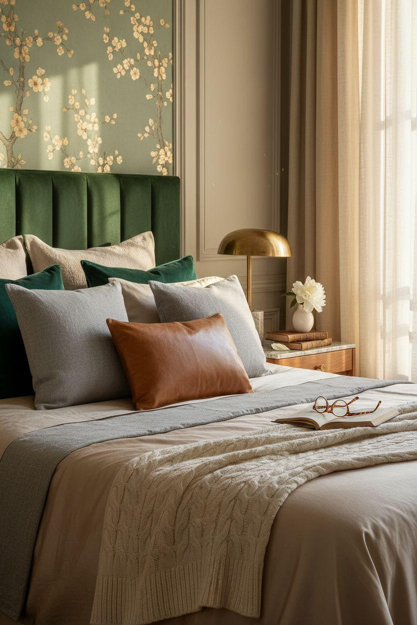 Luxury bedroom master with de Gournay wallpaper and champagne silk duvet