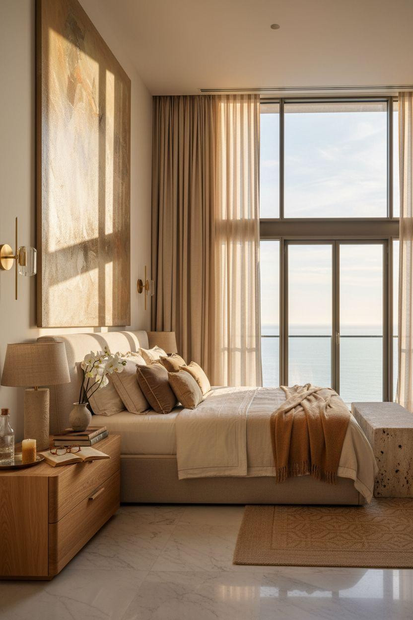 Luxury bedroom master with double-height ceilings and Calacatta marble floors