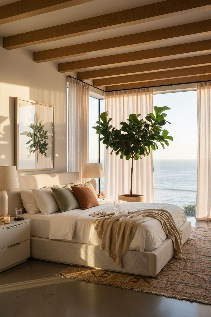 Luxury bedroom master with white oak beams and monstera plants