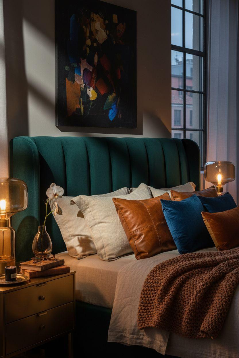 Luxury bedroom master with emerald velvet headboard and layered pillows