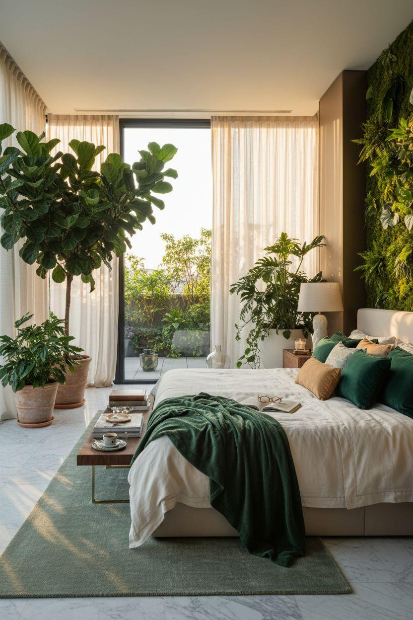 Luxury bedroom master with emerald accent chair and walnut nightstands