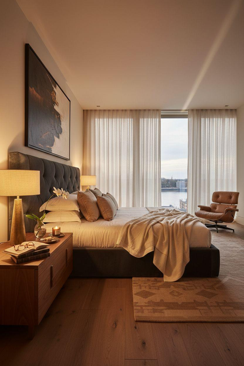 Luxury bedroom master with Thames views and deeply tufted headboard