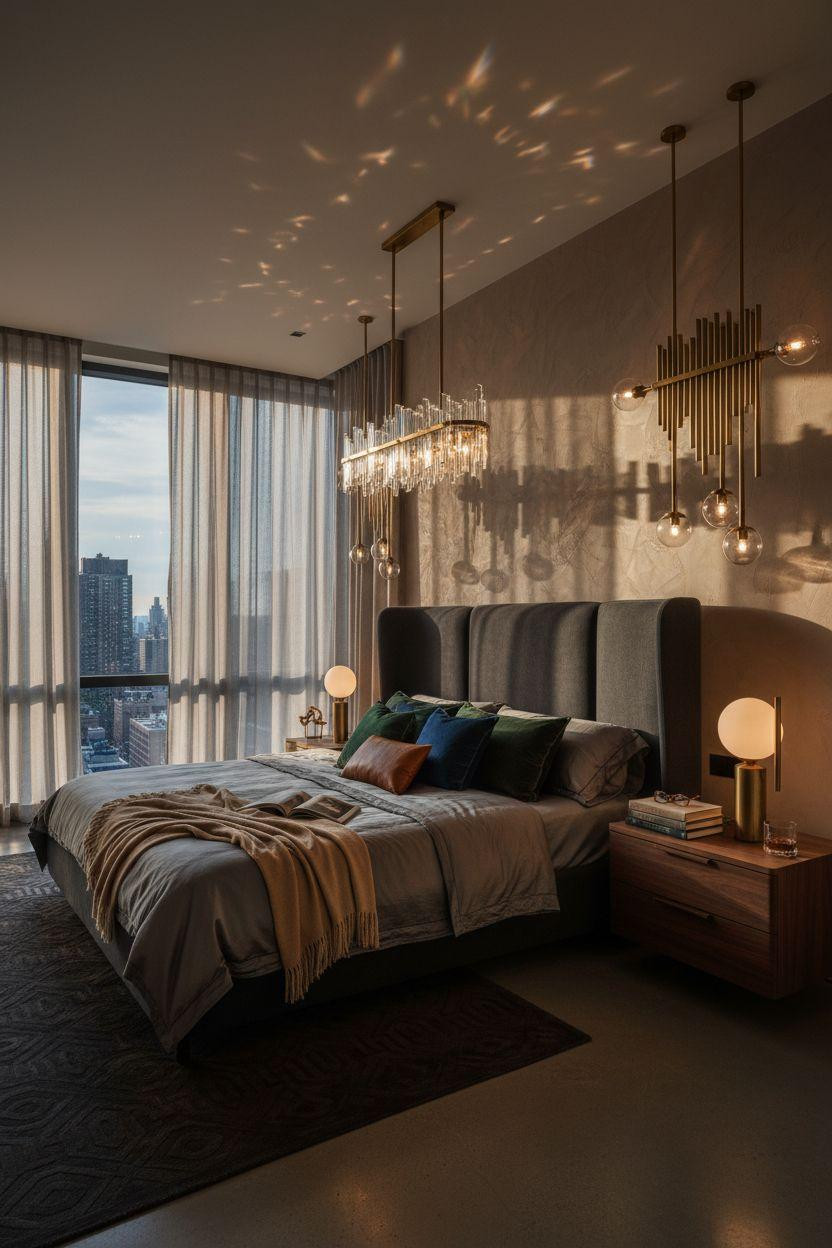 Luxury bedroom master with double-height ceilings and statement chandelier