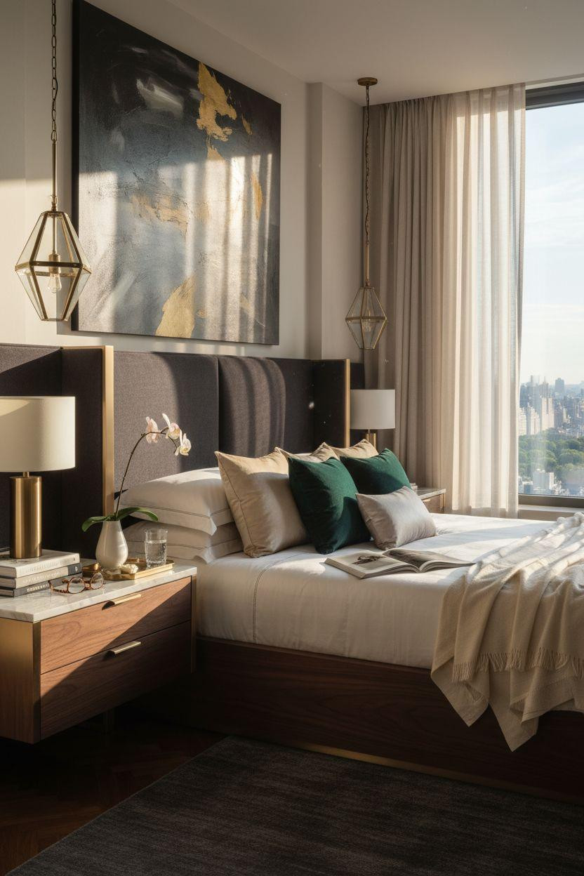 Luxury bedroom master with charcoal bouclé bed and champagne gold accents