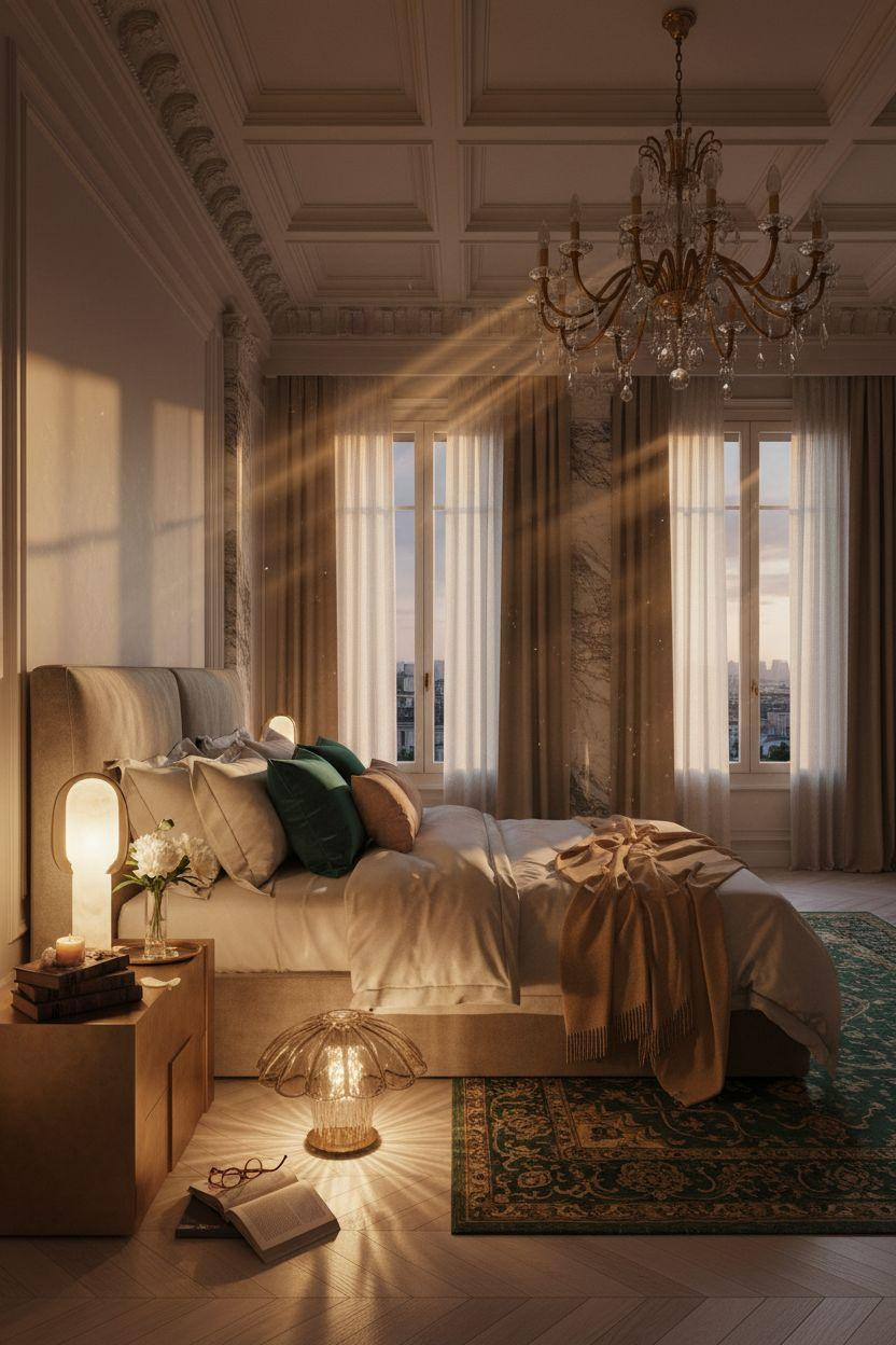 Luxury bedroom master with crystal chandelier and Calacatta marble floors