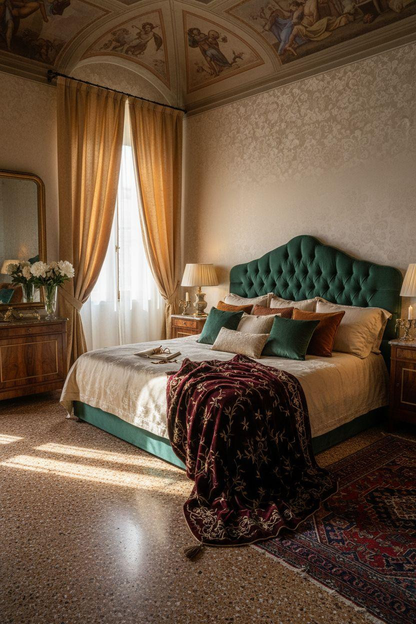 Luxury bedroom master with emerald velvet headboard and Persian rug