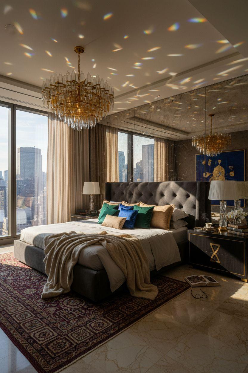 Luxury bedroom master with coffered ceilings and emerald velvet headboard